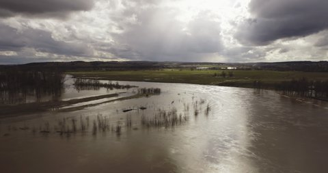 Flooded river floodplain with field and forest in wild lanscape. High altitude wide drone shot flooded area at spring time cloudy day