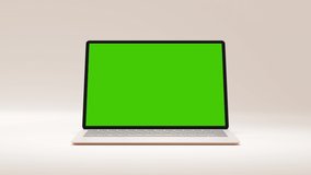 Clean Green Screen Computer for Presentation Beauty Blogger or Game Applications. Motion Laptop with Chroma Key for Advertising Mock Up Freelance Site. Show Greenscreen Background PC Notebook Nobody