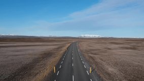 Beautiful view from campervan in Iceland ring road 
Aerial view view of a camper van cruising the Iceland's highways. In the midst of beautiful nature and clear skies.Drone camera