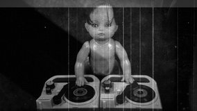 Toy plastic doll DJ playing vinyl on the decks with scratched vintage film look