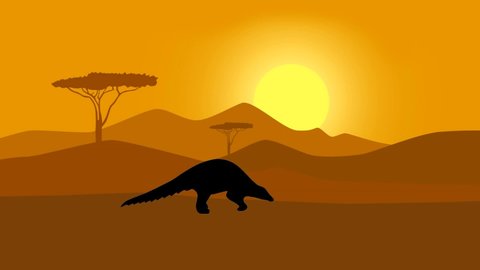 Pangolins walking in the savanna, animation with pangolins