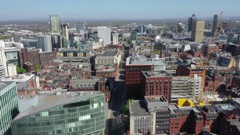 Manchester City ariel footage during Covid19 lockdown - Empty streets due to coronavirus.