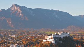 Superb autumn view of Old town of Salzburg. Colorful morning cityscape of Salzburg with Hohensalzburg Castle on background. Austria, Europe. Full HD video (High Definition).