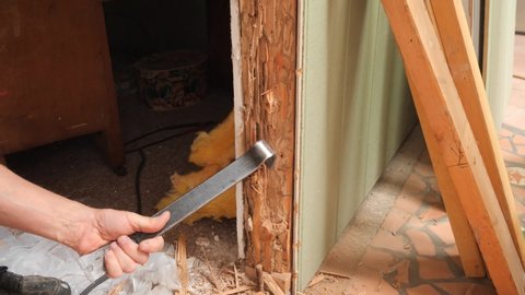 A carpenter removing wood damaged by termites in a home