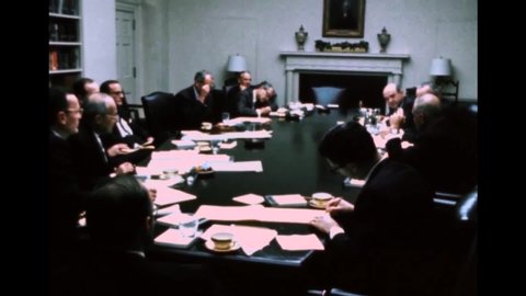 CIRCA 1968 - LBJ and his cabinet confer with US Army Chief of Staff General Abrams to discuss a potential bombing halt in Vietnam.