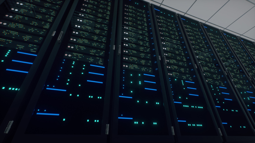 Network and data powerful servers behind glass panels in a server room of a data center or ISP. Racks of Blinking twinkling LED Lights. Futuristic or IT background. Move close up shot, 4K 3D Animation Royalty-Free Stock Footage #1051507174