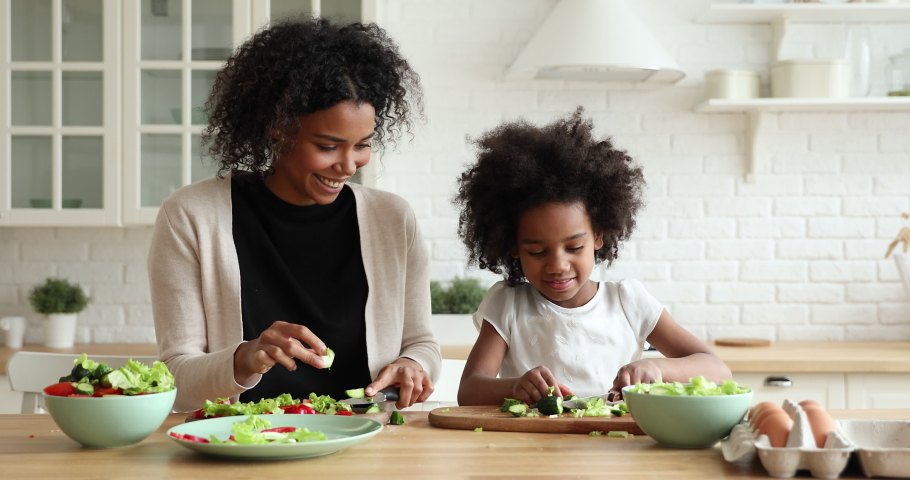 Happy african american family cute daughter and mum give high five having fun prepare healthy meal together. Smiling mixed race mother teaching kid learning cooking making vegetable salad in kitchen. Royalty-Free Stock Footage #1051507303