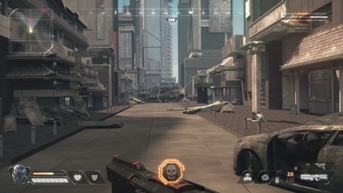 Fake 3D game. Sci-fi city shooter with hud