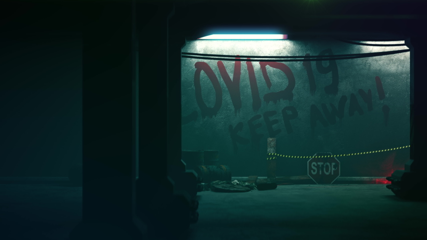 COVID-19, keep away message on the wall, coronavirus pandemic, postapocalyptic. Horror scene, post apocalypse, contamination