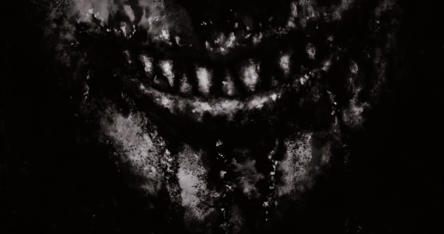 Scary monster smiling face. Angry smile of sharp fangs. Movie effect video clip. Evil demon rejoices. 2D animation horror fantasy genre. Creepy black and white background. Grunge and noir styles. 