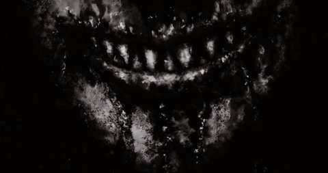 Scary monster smiling face. Angry smile of sharp fangs. Movie effect video clip. Evil demon rejoices. 2D animation horror fantasy genre. Creepy black and white background. Grunge and noir styles. 