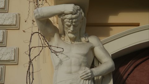Statue Of Atlant. Architectural sculpture. Odessa, Ukraine. Time lapse