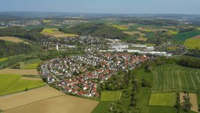 Aerial view of the Village Neidenstein in Germany on a sunny spring day during the coronavirus lockdown.