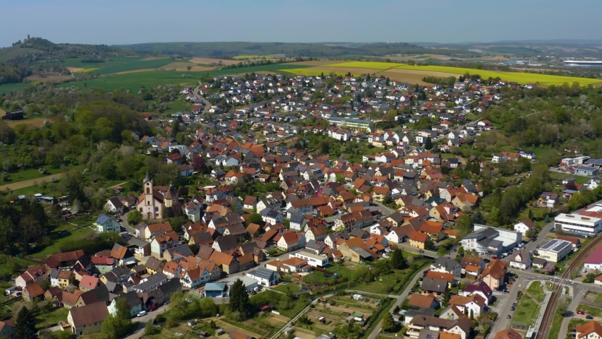 Aerial view of the village Reihen in Germany on a sunny spring day during the coronavirus lockdown.