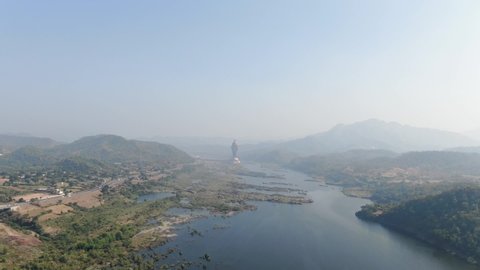 Rajpipla Gujarat,India. November 10, 2018 : Rear view of Statue of unity by drone forward zooming in.Tallest statue in world.  SOU is tourist location near Sardar sarovar dam.