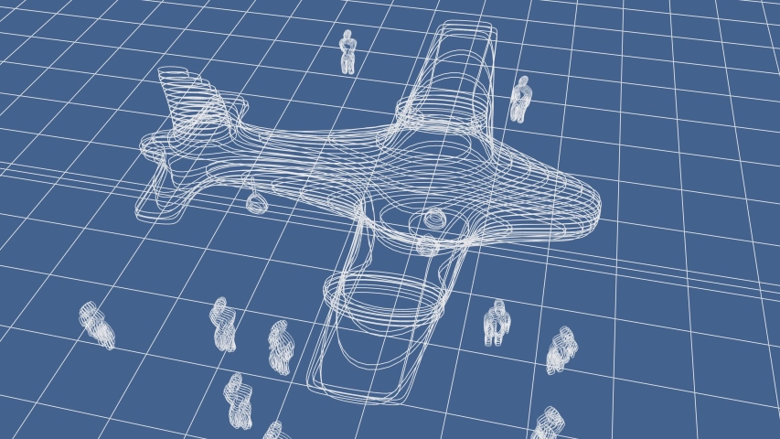 3D animation, AIR PLANE wireframe on blue bakcground ( blueprint )