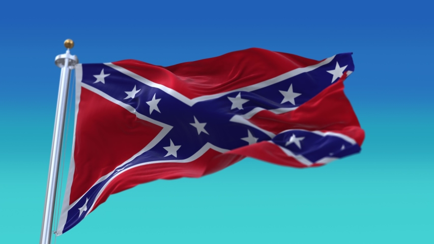 4k Confederate National flag slow waving with visible wrinkles in Battle wind blue sky seamless loop background.A fully digital rendering,animation loops at 20 seconds,smooth texture. 