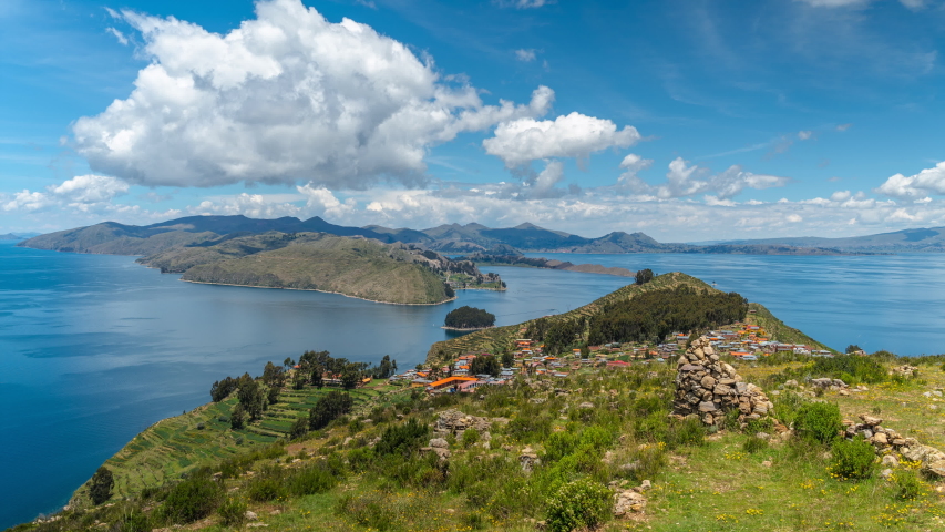Zoom in timelapse view of Sun Island (Spanish: Isla del Sol ), known as the birthplace of the sun and the Inca bloodline, on Lake Titicaca in Bolivia, South America.