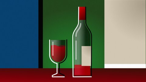 Art Deco style animation of a red wine pouring from bottle into glass. 4k