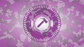hammer icon on pink and purple camouflaged pattern rotary trend, conceptual pattern, top loop animation