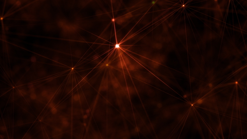 Unicolor concept background of social networks, collective consciousness and internet of things. Golden shiny glowing 3D animation with selective focus and extreme depth of field on black background.