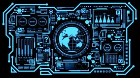 Animation of Hud interface display, Digital globe world map spinning with statistics graphs, charts and diagrams data, Global business concept, Elements of this image furnished by NASA - Powered by Shutterstock - Get 15% off with code: PIKWIZARD15