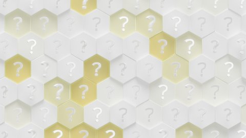 Question Marks Hexagon Surface Loop 1 Yellow x White: animation of question marks over hexagon shapes. Hexagonal grid pattern in glossy white and fun yellow. Question mark symbol. 4K