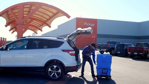 BEMIDJI, MN - 30 APR 2020: Walmart employee puts bags into car for curbside pickup of online grocery order in parking lot during lockdown for COVID-19 Pandemic.