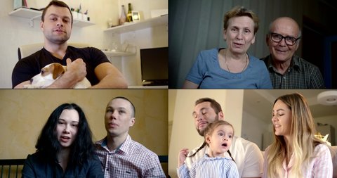 Collage, multi-shot of different people who communicate via video during the quarantine period, including a young family with a daughter, a middle-aged man with a dog
