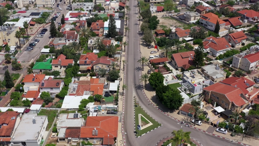 Corona Virus lockdown over Beit Shean streets with no people or traffic due to government guidelines, Aerial view. Royalty-Free Stock Footage #1051598653