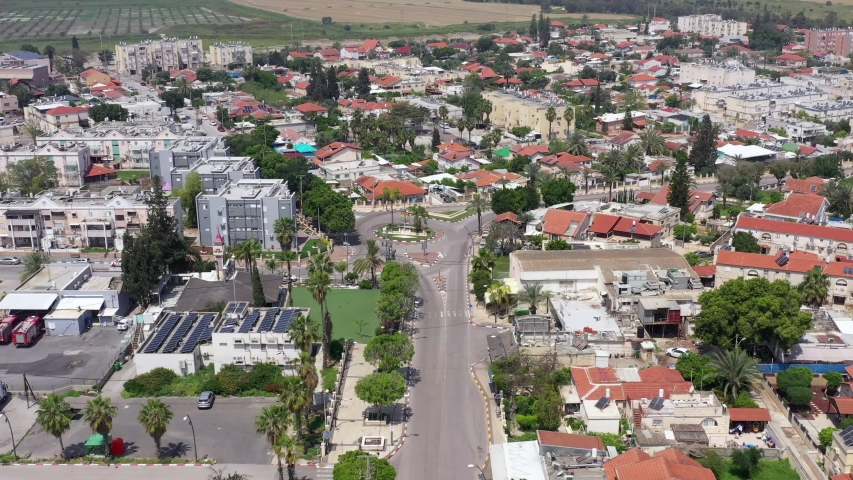 Corona Virus lockdown over Beit Shean streets with no people or traffic due to government guidelines, Aerial view. Royalty-Free Stock Footage #1051598656