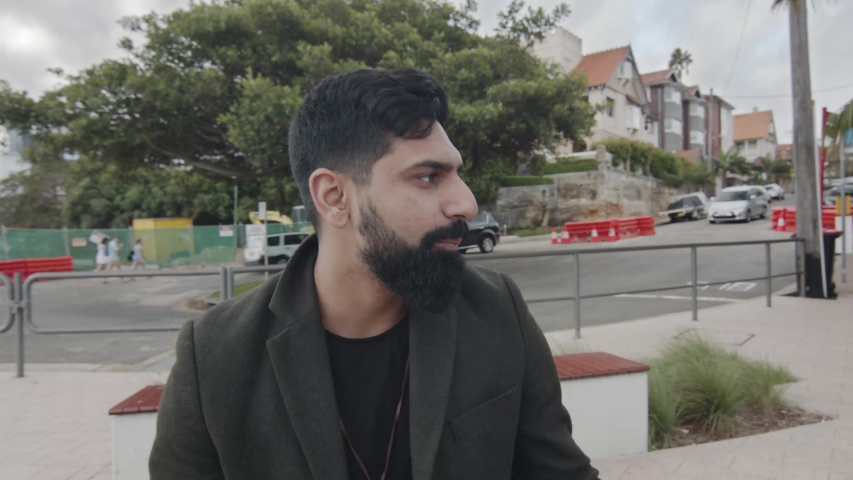 Man Sips Coffee Looking at Bay Water In Sydney Harbor. Mid Circle Shot