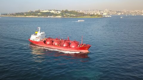 LPG carrier ship transporting Liquefied Petroleum Gas in bulk. Istanbul Peninsula, Sarayburnu Offshore. Bosporus just 700m across at its narrowest point, includes 12 sharp corners a source of accident