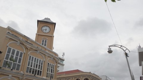 April24,2020:Phuket Town: POV landscape view of phuket old town area in summer cloudy daytime with beautiful building. Sino-portuguese classic architecture design building in phuket town.