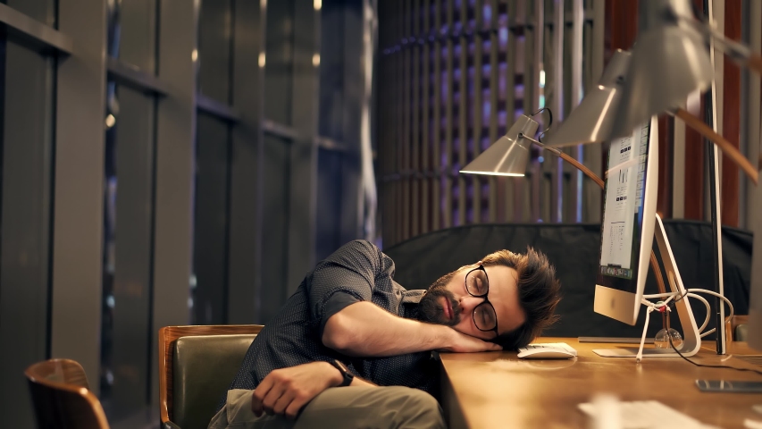 Tired Worker Overworked On Computer.Unhappy Frustrated Businessman.Office Work Overtime. Workaholic Work In Internet Deadline.Sad Tired Businessman In Office.Annoyed Overwhelmed Exhausted Stressed Man | Shutterstock HD Video #1051624765