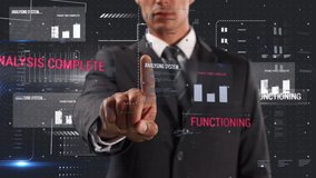 Animation of mid section of Caucasian businessman touching virtual screen with moving information displayed on screens, technology in business finance concept, digital composite - Powered by Shutterstock - Get 15% off with code: PIKWIZARD15