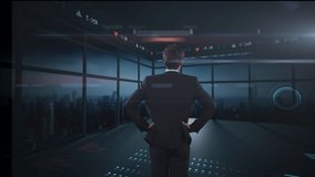 Animation of rear view of Caucasian businessman in an office watching moving information displayed on wall screens, a city in the background, technology in business finance concept, digital composite - Powered by Shutterstock - Get 15% off with code: PIKWIZARD15