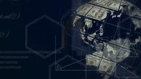 Animation of globe made of American dollar bills spinning over mathematics equations. Finance business stock market global data processing concept digitally generated image. - Powered by Shutterstock - Get 15% off with code: PIKWIZARD15
