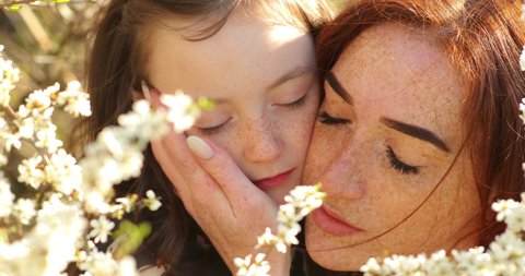 close-up portrait of mother and daughter gently hugging among white flowers of flowering trees. they open their eyes and look straight into the camera.