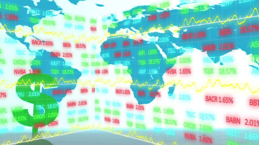 Animation of stock market display, American dollar sign spinning over a world. Finance business stock market global data processing concept digitally generated image.