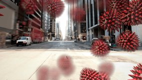 Animation of macro Covid-19 cells floating, American dollar sign falling and breaking over a cityscape. Finance business stock market global data processing concept digitally generated image. - Powered by Shutterstock - Get 15% off with code: PIKWIZARD15