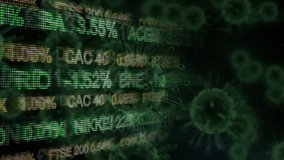 Animation of macro Covid-19 cells over stock exchange data recording, statistics showing. Finance business stock market global data processing concept digitally generated image. - Powered by Shutterstock - Get 15% off with code: PIKWIZARD15
