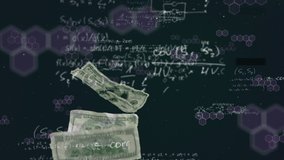 Animation of mathematics equations with money falling, chemical elements. Finance business stock market global data processing concept digitally generated image. - Powered by Shutterstock - Get 15% off with code: PIKWIZARD15
