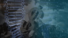 Animation of DNA strain over destroyed American dollar sign with clouds, data recording, statistics showing. Finance business stock market global data processing concept digitally generated image. - Powered by Shutterstock - Get 15% off with code: PIKWIZARD15