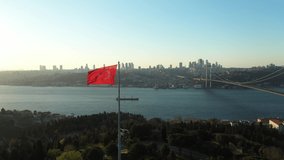 Aerial view of Empty Istanbul Bosphorus Bridge and Turkish Flag. No People. 15 July Martyrs Bridge without people. Quarantine days. 4K Footage in Turkey