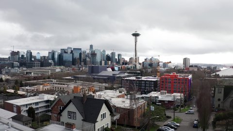 Stormy rainy day Seattle Downtown Aerial 