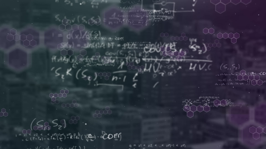 Animation of mathematics equations, data processing, statistics showing over a cityscape in the background. Global public health coronavirus Covid 19 pandemic concept digital composite. - Powered by Shutterstock - Get 15% off with code: PIKWIZARD15