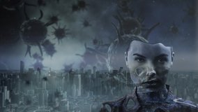 Animation of an undulating portrait of a woman over macro Covid-19 cells and a cityscape in the background. Global public health coronavirus Covid 19 pandemic concept digital composite. - Powered by Shutterstock - Get 15% off with code: PIKWIZARD15