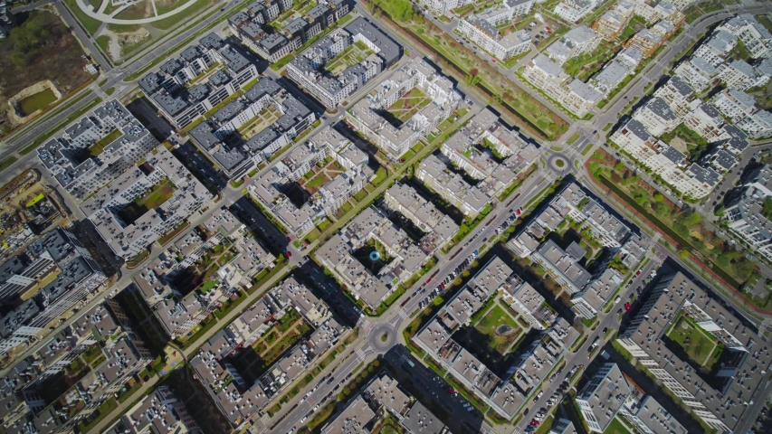 Aerial View of Warsaw, empty Miasteczko Wilanów housing estate, beautiful sunny day, shoted in 5.2K CDNG, Warszawa, Poland, Polska