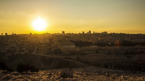 Skyline of Jerusalem, the Jewish Quarter time lapse Mount Olives sunset